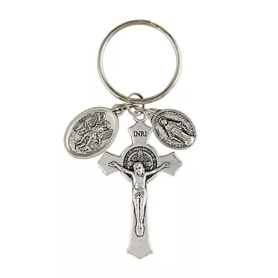 St. Benedict Crucifix Keyring W/ St. Michael Guardian Angel & Miraculous Medals • $5.50