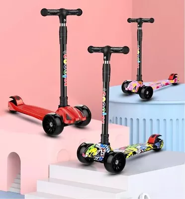 Foldable Kids Scooter Adjustable Height Flashing LED Lights 3 Wheels Kick Push • $40.99