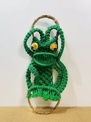 Vintage Handmade Crocheted Frog Eyes Wall Hanging Decor Bamboo Ring Towel Hanger • $25