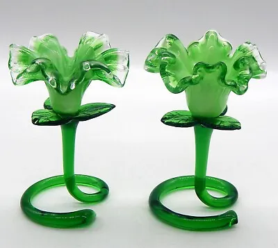 Vtg (2) Murano Glass Green Flower Venetian Ruffled Candle Stick Holders • $150