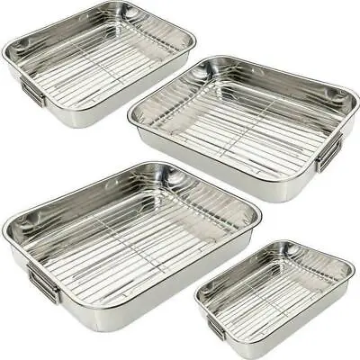 Stainless Steel Roasting Oven Tray Pan Dish Baking Meat Roaster Tin Grill Rack Z • £11.65