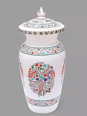 Multicolor Stone Inlay Work Plant Pot With Lid White Marble Flower Vase For Home • $936