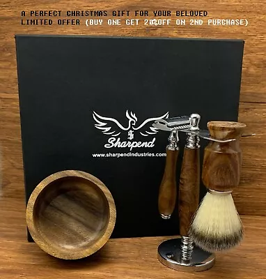 Brown 4  Piece Shaving Set | DE Safety Razor & Badger  Brush | Men's Gift Kit • $45.77