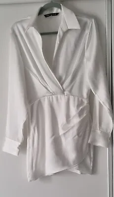ZARA Shirt Dress Ladies Wrap Front Satin Effect V-Neck Plunge White Dress Sz-12 • £22.05