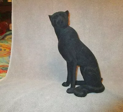 Vintage FLOCKED Black PANTHER Sculpture FIGURINE Handcrafted XL CAT Decor STATUE • $49.77