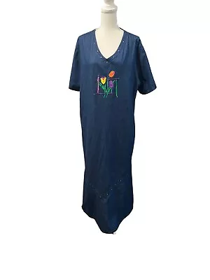 Vintage Donna Denim Maxi Dress Tulip Floral Embroidered Rhinestones Cottage Core • $32