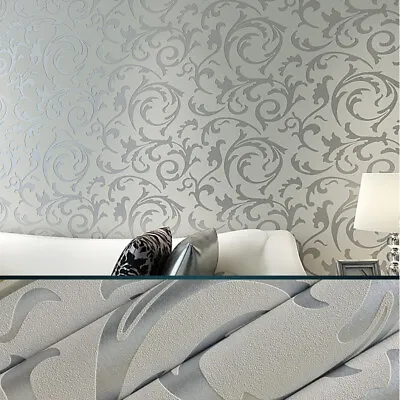 Silver Grey Embossed Damask Glitter Wallpaper Roll Non-Woven Textured Wall Decor • £8.95
