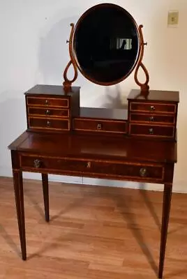 1920 Antique English Sheraton Mahogany Inlaid Vanity / Ladies Desk With Mirror • $1750