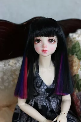 1/4 6-7  BJD Doll Wig MSD Black Neon Pink Blue Purple Streaks Bangs Hair Jr-152 • $26.50