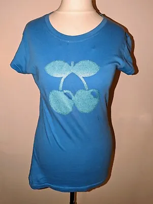 Pacha Ibiza Official T Shirt Blue Glitter Cherry Logo Ladies Size M UK 10/12  • £12.99