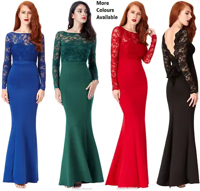 £38.49 • Buy Goddiva Lace Open Back Bow Long Sleeve Maxi Evening Fishtail Party Dress Prom
