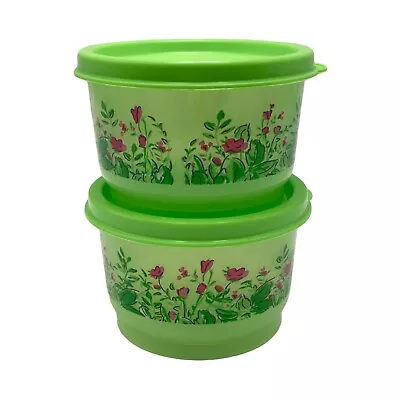 Tupperware Snack Cups 4 Oz Floral Set Of 2 Green Vintage NOS • $15.99
