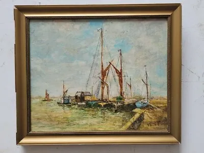 Boats In A Harbour 1920s/1930s Original Oil Painting Signed HHT • £20