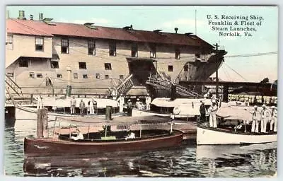 1912 Norfolk Virginia Va Us Receiving Ship Franklin & Fleet Of Steam Launches • $19.95