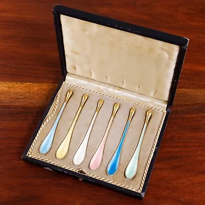 6 Rare Egon Lauridsen Danish 925s Gilt Enamel Cheese Caviar Marrow Scoops Boxed • $259.50