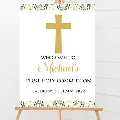 Personalised First Holy Communion Party Welcome Sign Gold Floral Cross • £5.99