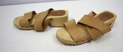 CANDIES Y2K 2000’s Wood Heel Chunky Platform Clog Slide Sandals 8.5 Tan Leather • $49.99