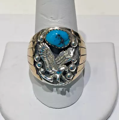 Southwest Na. American Turquoise Sterling Silver Gold Overlay Eagle Ring Sz 11 • $149