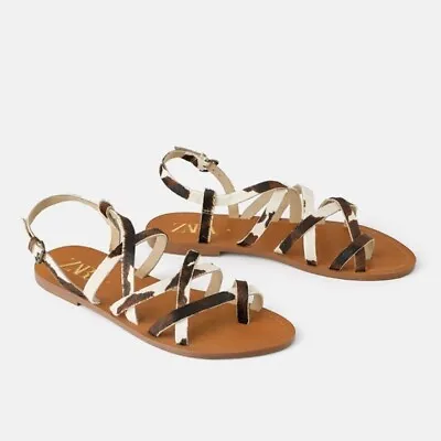 $29.95 • Buy NEW ZARA Natural Leather Strappy Flat Sandals (Size 37/US 6.5)