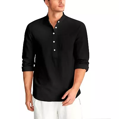 Mens Long Sleeve Linen Shirt Summer Solid Loose Casual Dress Shirt Blouse Tops • $16.99