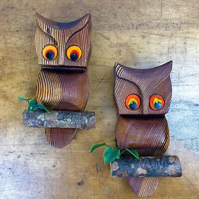 Vintage Mid Century Modern Wooden Owls Perched Branch Green Mountain Set Of 2 • $24