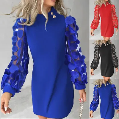 Womens Sexy Mesh Long Sleeve Mini Dress Ladies Cocktail Evening Party Bodycon 14 • £4.19