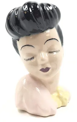 Vintage Lady Head Vase Glamour Girl Repair Black Hair 6.75  • $37