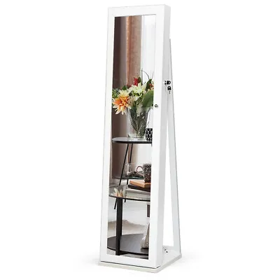 Floor Jewelry Cabinet Armoire Lockable Standing Jewelry Organizer W/Mirror • £109.95