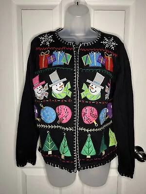 Vintage 80s Crystal Kobe Ugly Christmas Sweater Zip Up Cardigan Small Snowmen  • $23