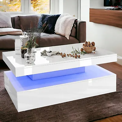 High Gloss LED Coffee Table With Storage 2 Drawers Modern Living Room Furniture • £75.99