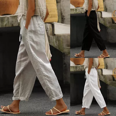 Women's Cotton Linen Plain Trousers Ladies Summer Loose Drawstring Pocket Pants • £13.79