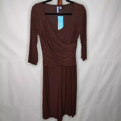 B-slim Women's S Dress Brown Built In Shapewear V-neck 3/4 Sleeve Gathered NWT • $16.15