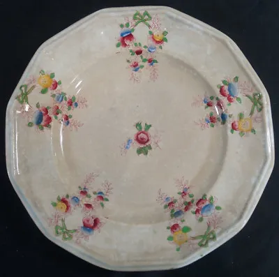 Set Of 4 Charles Meigh Hand Colored Floral & Green Ribbon 9 5/8 Inch Plates  • $65