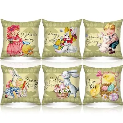 Set Of 6 Easter Pillow Covers 18x18 Vintage Easter Bunny Egg Throw Pillows Ca • $18.99