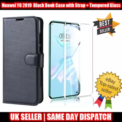 Huawei Y6 (2019) Black Book Flip With Strap + Tempered Glass Screen Protector • £6.95