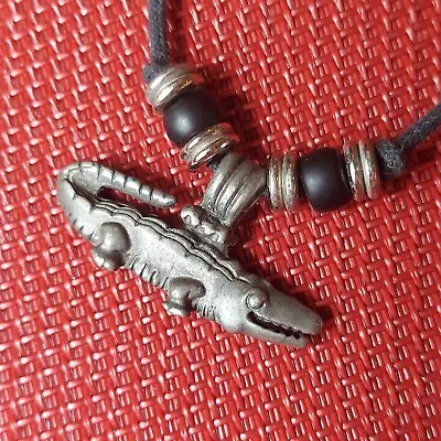 Vintage Signed CSTA Alligator Pewter Pendant Black Rubber Cord Necklace Adjustab • $15