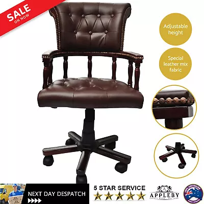 Antique Vintage Style Leather Office Desk Swivel Adjustable Arm Chair - Brown • $461.32