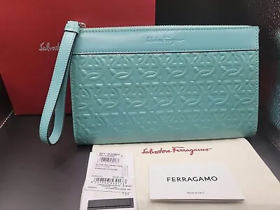 Salvatore FerragamoLogo Embossed Zipped Clutch Bag CALF AQUA GREEN RRP$1190 • $199