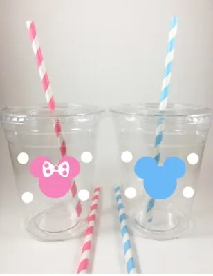 Mickey Minnie Mouse Gender Reveal Party Cups Set/12 Baby Pink Blue Lids Straws • $26.99