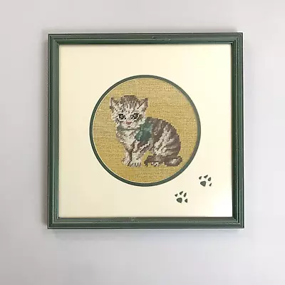 VINTAGE Embroidered Crewel Kitten W/Bow Picture 14x14 Framed Granny Cottagecore • $49.99