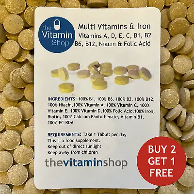 Multivitamins & Iron Vegan Tablets | 30 60 90 180 & 360 Packs | For Men & Women. • £6.09
