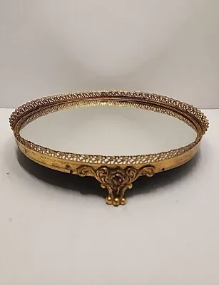 Vintage MCM Round Mirror Tray Ornate Perfume Vanity Dresser Gold Filigree 10  • $29.99