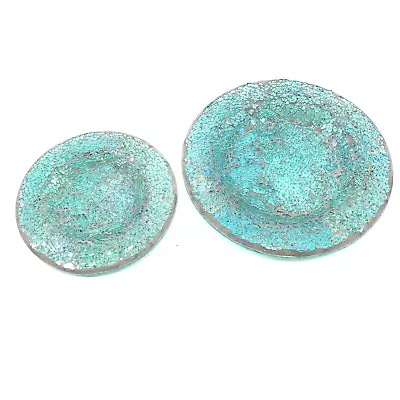 2 Handmade Mosaic Trinket Bowls Iridescent Aqua Green Glass Decor 8” And 6” • $28.95