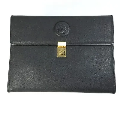 VERSACE Vintage Bag Medusa Document Bag Pouch Clutch Bag Leather Black • $210