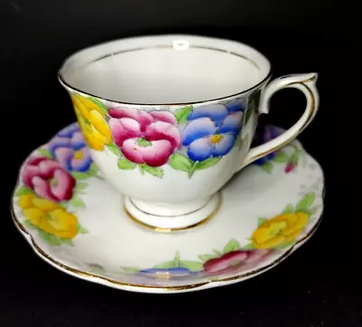 ROYAL ALBERT Teacup And Saucer Pansy Pattern Bright Beautiful Flowers England • $55.19