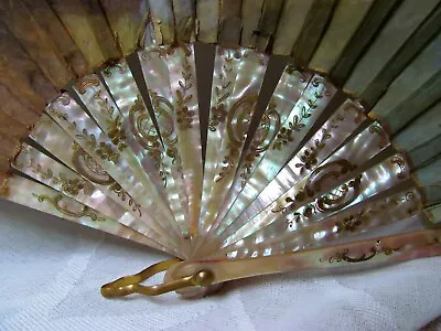 Antique Victorian Mother Of Pearl Mop Engraved Gilt Sticks Painted Silk Hand Fan • $130