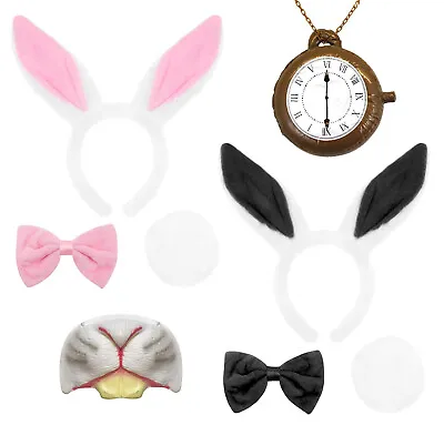 White Rabbit Fancy Dress Set & Rabbit Nose Teeth & Clock Necklace Costume Kit • £10.99