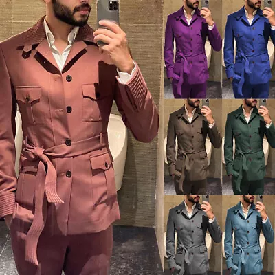 Vintage Men's Safari Jackets 2 Pieces Suits With Belt Casual Leisure Fit Formal • $79.04