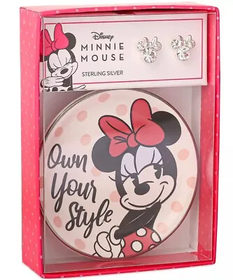 Disney Minnie Mouse Pink Crystal Stud Earrings In Sterling Silver & Trinket Dish • $15.19