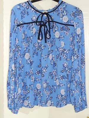 Marks & Spencer Per Una Beautiful Blue Mix Floral Tie Neck Blouse Size 22 • £7.99